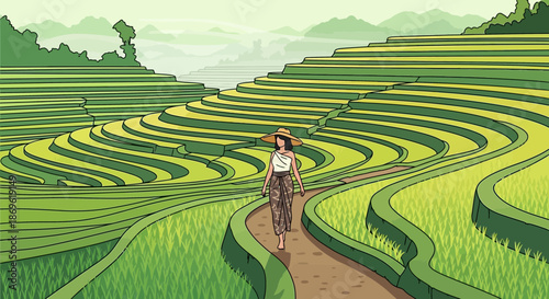 Woman Walking Through Rice Terraces Landscape.