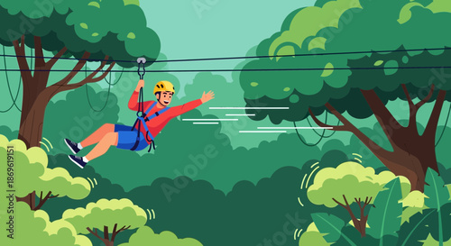 Woman Ziplining Through Forest Trees Freely.