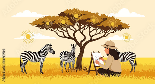 Artist Painting Zebras Under Acacia Tree.