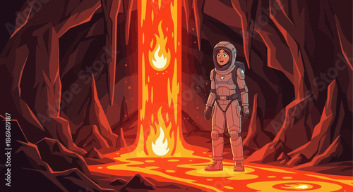 Astronaut Standing Near Lava Flow in Cave.