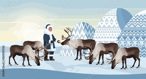 Man Feeding Reindeer in Winter Landscape.