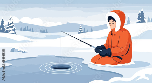 Man Ice Fishing on Frozen Lake 1.