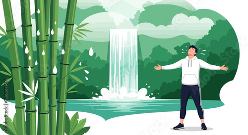 Man Standing Near Waterfall with Open Arms.