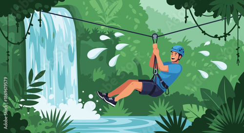 Man Ziplining Near Waterfall in Jungle.