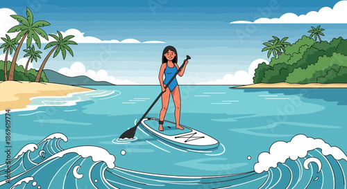 Woman Paddleboarding on Ocean Waves.