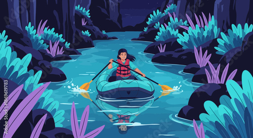 Woman Paddling Canoe through Dark Waterway.