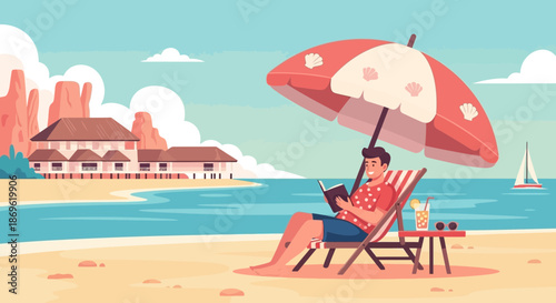 Woman Relaxing Under Parasol on Sandy Beach.