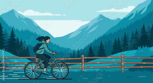 Woman Riding Bicycle on Road.