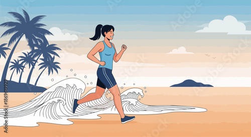 Woman Running on Beach Vector Illustration.