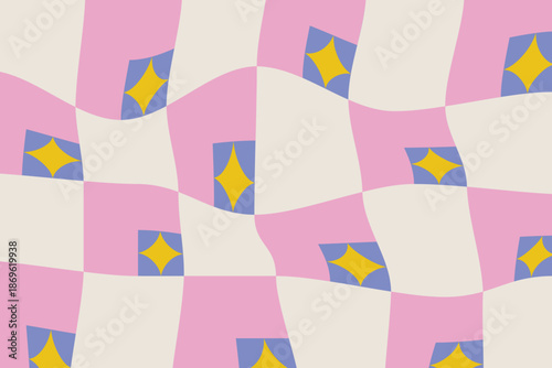 Distorted groovy checkered pattern with geometric shapes and stars. Abstract retro trippy 60s, 70s style background