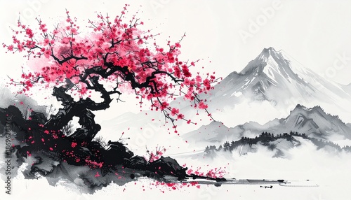 A beautiful brush-drawn ink painting of a cherry blossom tree　筆で描いた美しい桜の木の墨絵