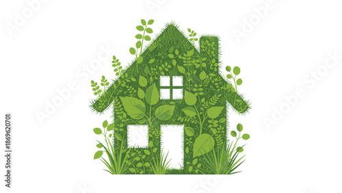 House shape constructed entirely from lush green foliage and plants, symbolizing nature, sustainability, and eco-friendly living.
