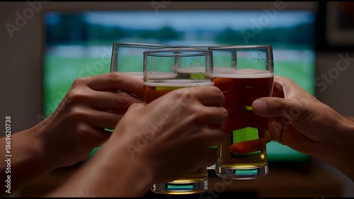 Hands clinking beer glasses while watching soccer match on TV