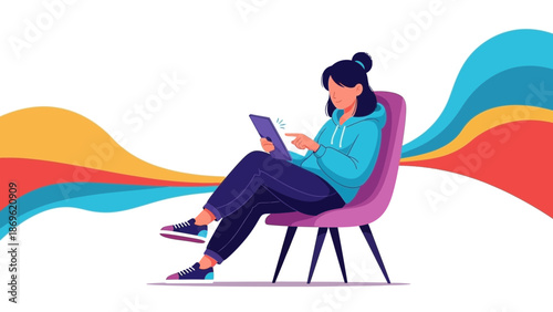 Woman using tablet computer in a chair, colorful abstract waves background
