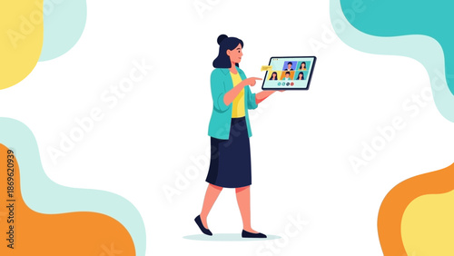 Woman using tablet for video conference with multiple people, modern flat illustration