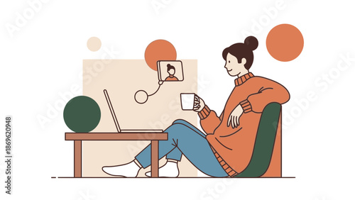Woman video calling on laptop, holding mug, relaxed at home, modern illustration