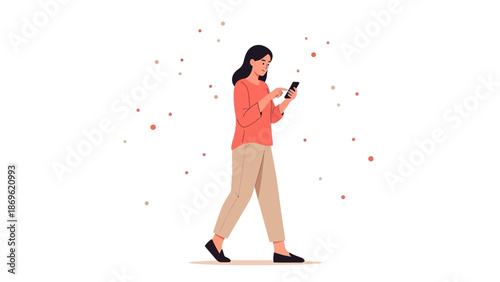 Woman walking and using smartphone, modern lifestyle, digital connection, minimalist illustration