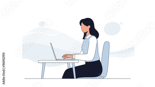 Woman working on laptop computer at desk, vector illustration