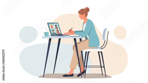 Woman working remotely on laptop, video call, taking notes, home office setup