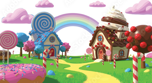 A vibrant candy land scene featuring sweet houses, giant lollipops, colorful treats, and a rainbow over a fantasy landscape