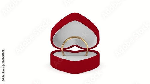 Heart shaped box with wedding ring on white background. Isolated 3D illustration