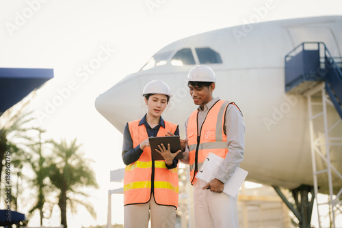 Two engineers wearing safety helmets and reflective vests inspect and discuss an aircraft during maintenance at an outdoor industrial facility, focusing on aviation engineering and safety operations.