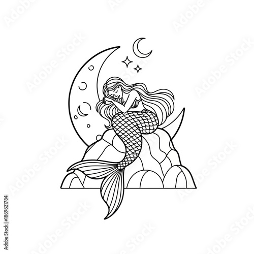A serene mermaid rests on a rock by the crescent moon with stars symbolizing peaceful slumber and mystique under the night sky with sleeping
