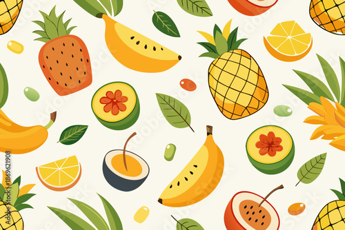 Colorful tropical fruits and vegetables with bananas, pineapples, watermelon, and papaya