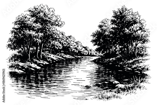 Hand drawn line art illustration of a river depicting a natural forest landscape for outdoor themes