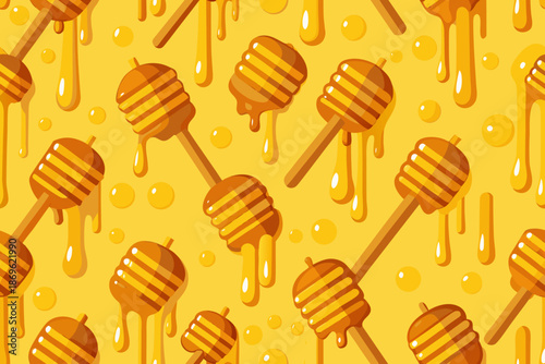 Honeycomb pattern with dripping honey on yellow background