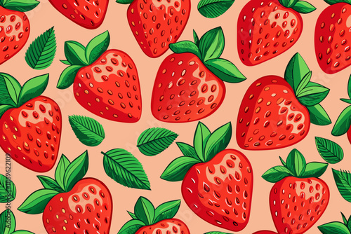 Red strawberries with green leaves on a peach background fruit