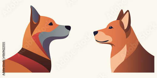 Artistic Dog Portraits: Two stylized dog portraits facing each other, rendered in geometric shapes, symbolizing companionship and communication. A modern and minimalist representation.