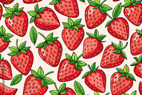 Red strawberries with green leaves and stems in a repeating pattern on a white background