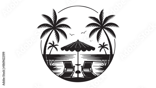 A serene beach scene with a flat design illustration of palm trees and a beach umbrella viewed from above