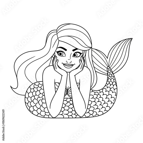 A smiling cartoon mermaid with long wavy hair and a shiny tail lies on her elbows looking directly at the viewer with a cheerful expression on her face