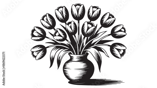 A black and white illustration of tulips in a vase on a white background