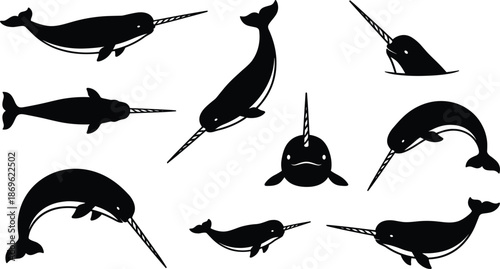 Black humpback whale silhouettes set featuring aquatic marine mammals in various poses like breaching swimming jumping and showing whale tail flukes