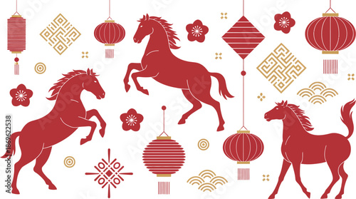 Stylized red chinese new year elements including horses lanterns and floral motifs perfect for festive designs on transparent background high-quality