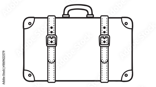 A black and white illustration of a vintage suitcase with straps and buckles, depicted from a front view.