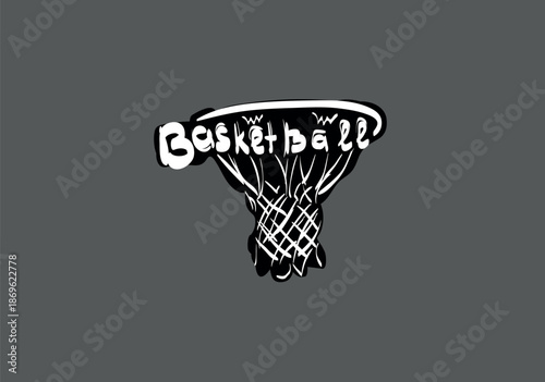 Sketch of a black and white basketball hoop with detailed net. Vector illustration