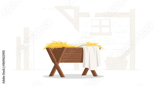 An empty wooden manger filled with straw and a white sheet, set against a background of a simple, rustic stable with wooden beams, suggesting the nativity.