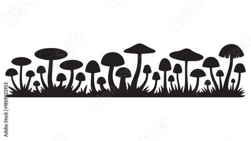 A black and white silhouette illustration of various mushrooms growing in a grassy landscape viewed from the side