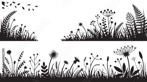 A minimalist black and white illustration of various plants and flowers in a serene landscape viewed from a low angle
