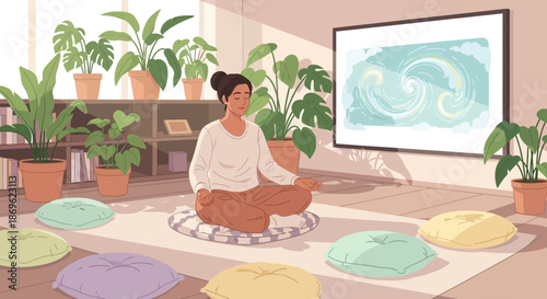 Woman Meditating in a PlantFilled Room for Inner Peace.