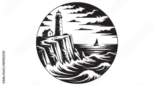 A dramatic black and white woodcut illustration of a rugged lighthouse standing on rocky cliffs amidst turbulent waves and a sailing boat in the distance