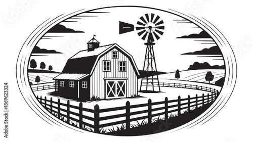 A serene black and white illustration of a barn and windmill in a rural landscape surrounded by a wooden fence