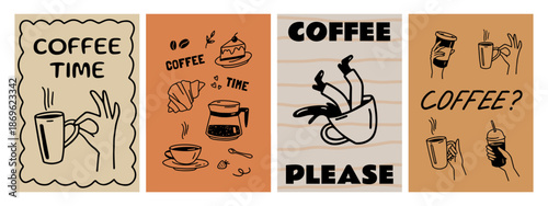 Coffee poster. Cafe flyer for barista, espresso and latte and mug and croissant. Hand drawn morning breakfast aroma coffee and quote typography retro banner. Menu template vector set