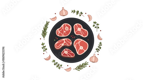 Assortment of raw steak cuts arranged in a circle on a black plate, garnished with herbs, garlic, and peppercorns, indicating a variety of meat options.