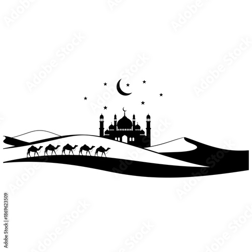 Black silhouette of a peaceful Ramadan night scene featuring a mosque among desert dunes, camels walking slowly beneath a crescent moon and stars, rendered in a clean minimalist style on a white backg