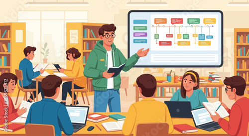 Engaging Classroom Presentation Teacher Explaining Timeline to Students with Laptops.